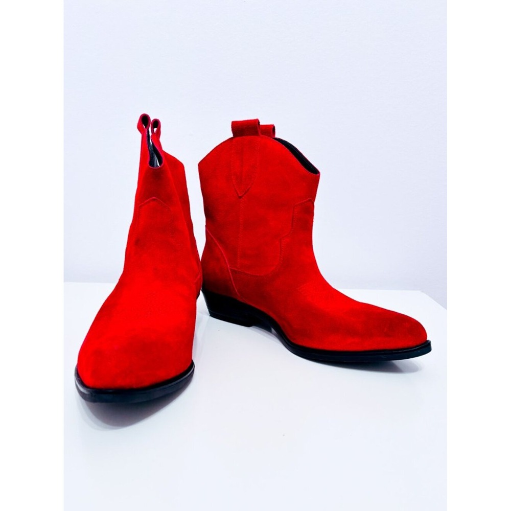 GENEVA SHOES Red Leather Western Cowboy Ankle Boots Pull On Size 38 IT